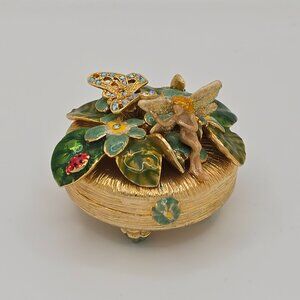 Vintage Kirks Folly Forget Me Not Trinket Box - Gold - Butterfly Flowers Fairy
